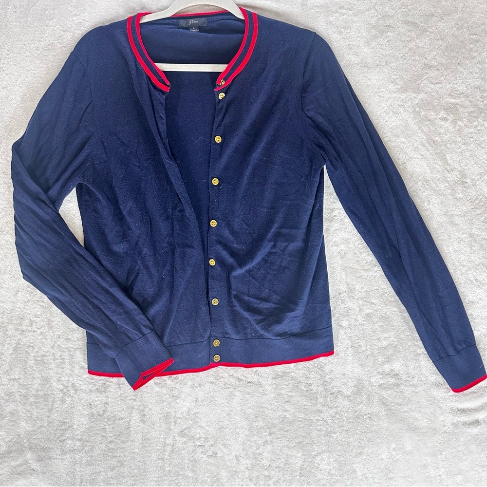 J. Crew Navy Gold Pink Preppy women’s Large Knit Cardigan Button Up Sweater